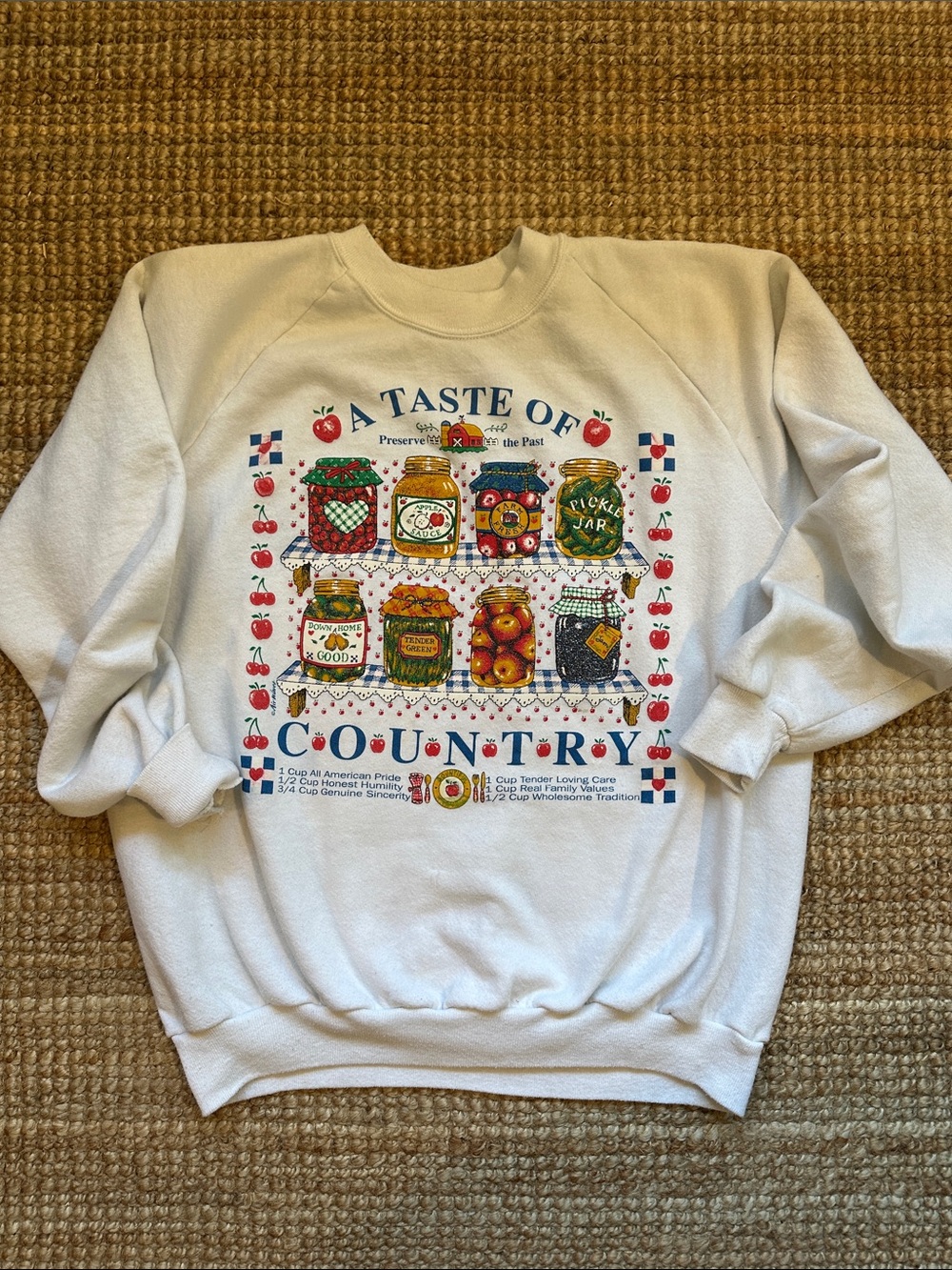 Vintage White Crewneck Sweatshirt with Hand Printed Country Jar Graphic L/XL